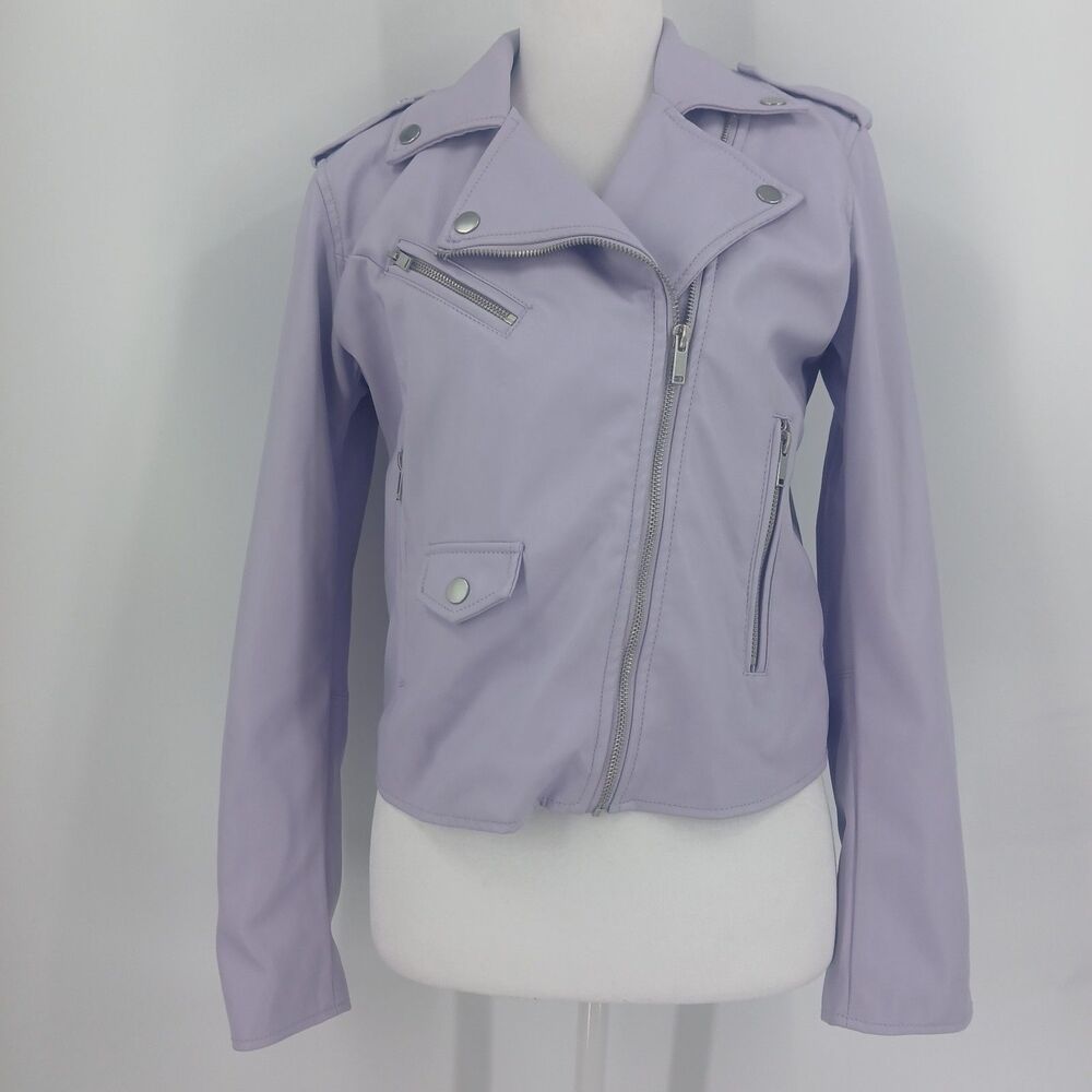 Nine West Women XS Lavender Faux Leather Moto Jacket Light Purple Biker